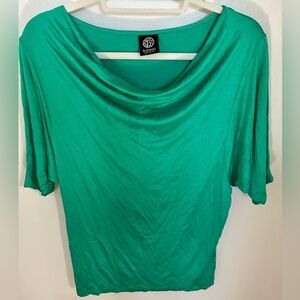 Bobeau Womens Medium Emerald Green Short Sleeve Cowl Neck Stretch Blouse